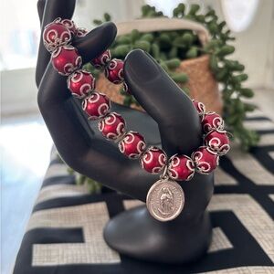 Red and Silver Beaded Religious Bracelet